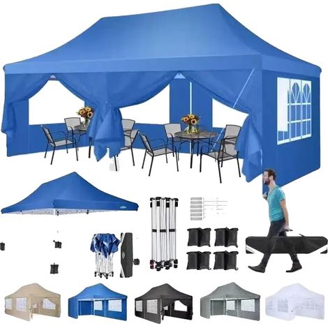 Gazebo, Tissu Imperméable, Hauteur Réglable, Bleu (1/2)
