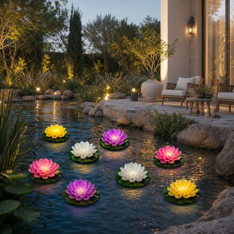 Leuchtende, schwimmende Solarlotusblume, IP44 wasserdichte Dekoration für Teich und Garten, 8 mehrfarbige Teile (rosa, weiß, gelb, lila) (1/4)