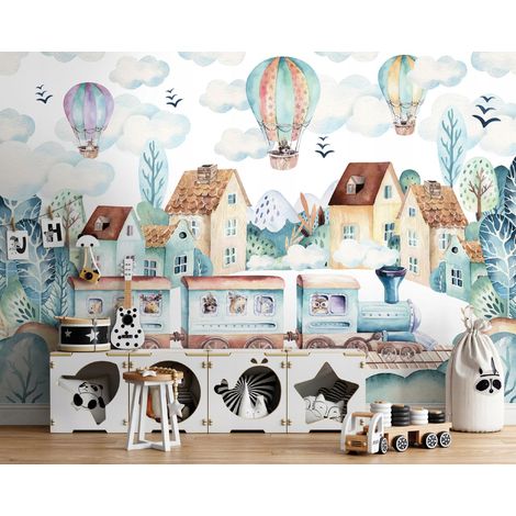 Vlies Fototapete Kinderzimmer 150x105 cm Landschaft - Fototapeten Tapeten für Kinder Mädchen & Jungen - Kindertapete - Kinderzimmertapete Stadt Zug Aquarell, WallArena (1/4)