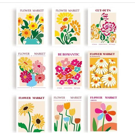 9 Styles Affiches Murales Florales Poster du Marché aux Fleurs non Encadré, 20x25cm, Impression de Fleurs Simples et Colorées pour la Décoration Murale, Art Abstrait sur Toile (1/5)