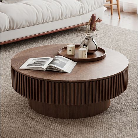 Table basse ronde 75 cm avec rangement caché, MDF et placage bois, noyer HAVRYA (1/5)