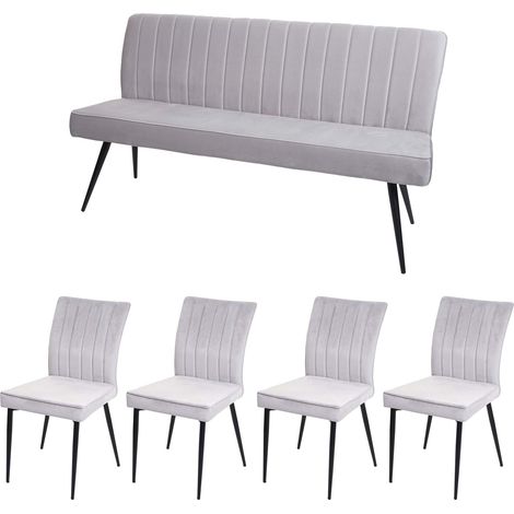 [NON UTILIZZATO] Set panca con 4x sedie sala da pranzo soggiorno HHG-480 metallo verniciato velluto grigio chiaro
