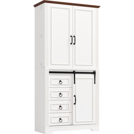 CAIziArmoire haute avec dispositif anti-basculement et porte-snacks latéral, fermeture douce, meuble colonne de cuisine avec 4 tiroirs et étagères réglables, poignée unique, blanc
