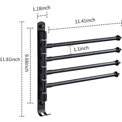 Porte-serviettes en acier inoxydable, barre de serviettes mobile et pivotante, porte-serviettes pour la salle de bain, suspension sans perforation - noir, 1pc (1/4)