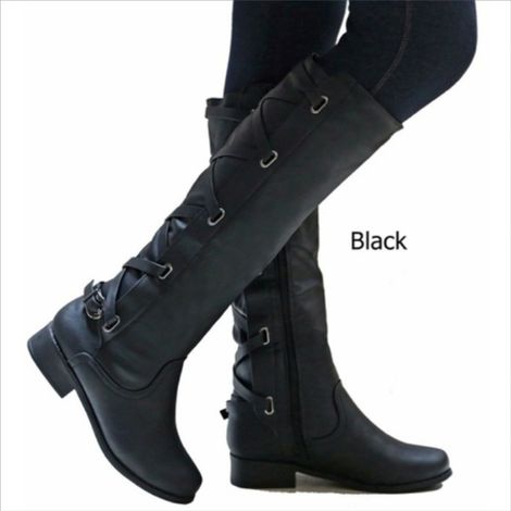 Bottes d'hiver à lacets pour femmes, bottes hautes à talons plats et brides, idéales pour la moto et la conduite. (1/2)