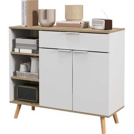 Buffet de cuisine blanc avec 1 tiroir, 1 placard double porte et 3 étagères réglables 95x35x85 cm (1/5)