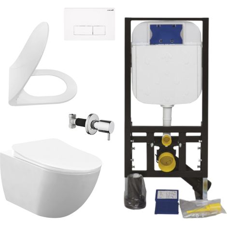 Creavit Hänge WC Set spülrandlos Weiß mit Edelstahl Taharet, Softclose WC Sitz und Vorwandelement Unterputz 3/6 L Spülkasten