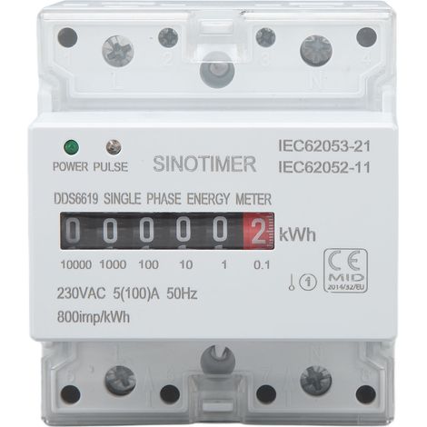 Compteur d'énergie monophasé 230VAC avec indicateur LED bicolore, montage sur rail DIN, wattmètre intelligent pour maison connectée.
