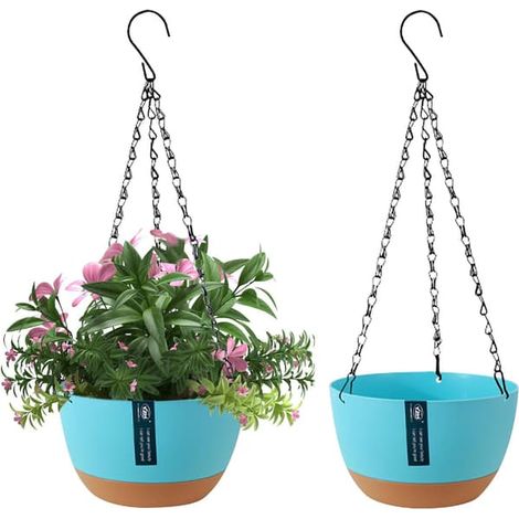 Ensemble de 2 pots suspendus à arrosage automatique pour l'extérieur, avec trous de drainage et plateau amovible. (1/5)