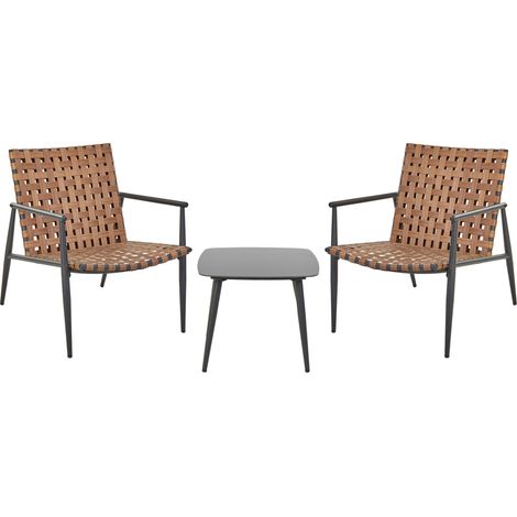 Conjunto de balcón 2 plazas de ratán sintético 2 sillas mesa de centro estructura y patas de acero negro muebles de patio marrón Ziria (1/5)