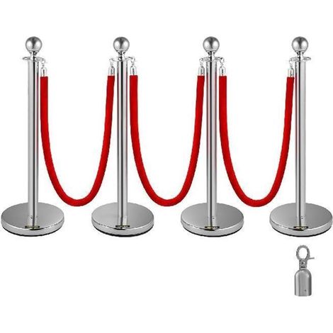 38 Pouces 4 pièces poteaux de Poteau en Argent File d'attente Corde de Velours Rouge barrières de Ligne de contrôle des foules avec Base Stable for Les Fournitures de fête (1/5)