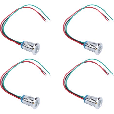 Lot de 4 voyants LED ronds 12mm étanches 2 couleurs, cathode commune, 3-6V, rouge et vert, pré-câblés pour signalisation. (1/5)