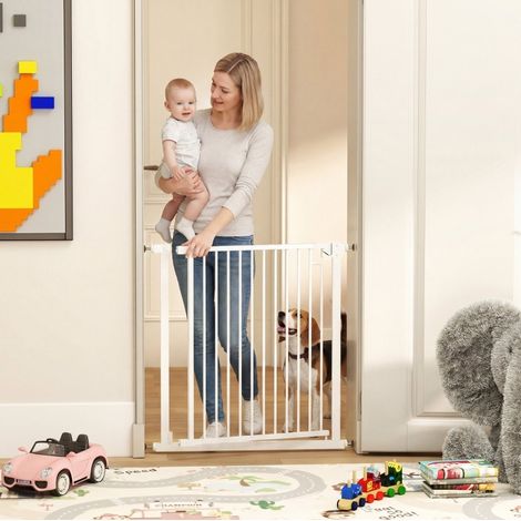 Barrera de seguridad para bebé y perro sin taladro 76-80 x 76 cm, cierre automático, blanca DESVIAE (1/5)