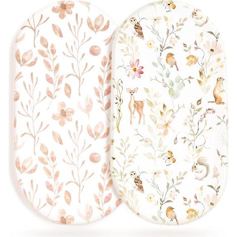 Lot de 2 draps-housses pour berceau 82 x 41 cm, coton jersey molletonné ultra-doux, ajustement universel pour matelas ovales, ronds et rectangulaires, imprimé fleurs et animaux (1/5)