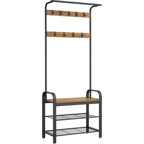 VASAGLE Appendiabiti con Scarpiera, Mobile da Ingresso con Panca, 4 in 1, 9 Ganci Rimovibili, Barra Attaccapanni, Entrata Corridoio, 33,7 x 77 cm, Industriale, Noce Medio e Nero HSR040B41 (1/5)