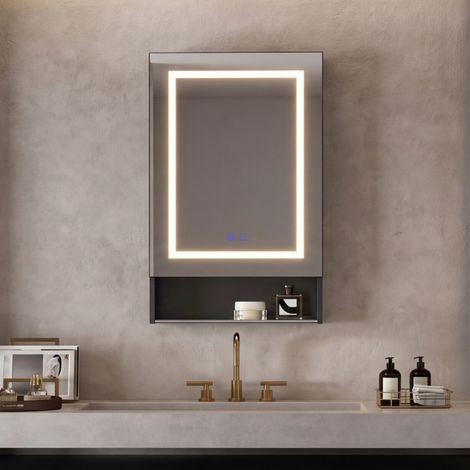 Armoire de toilette, LED miroir, 4 Étagères Réglable, Anti-buée, Armoire de salle de bain, Miroir avec rangement, Noir, 88x50x16cm