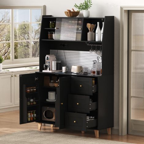 Armoire haute noir avec prises et panneau perforé, porte-verres à vin et tiroirs rangement cuisine 80x35x180cm