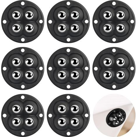 Set of 8 ball bearing rollers - 4 rollers - Small universal self-adhesive wheels - 360° rotating casters - For furniture - Flat, made of steel, acrylonitrile butadiene styrene, and wood (1/5)