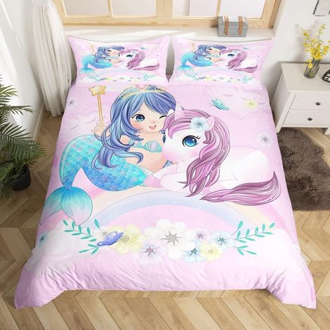 Ensemble de Literie Bleu Sirène pour Filles Housse de Couette Mignonne Licorne Housse Couette Enfants Rêvent Parure de Lit Arc-en-Ciel Féminin Couvre Lit Chic Fleuri 240 x 260,Décor de Chambre Rose (1/5)