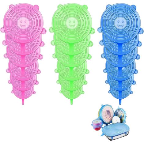 Lot de 18 couvercles silicone 6 tailles. Élastiques, sans BPA, réutilisables. Coloris rose/vert/bleu (1/5)