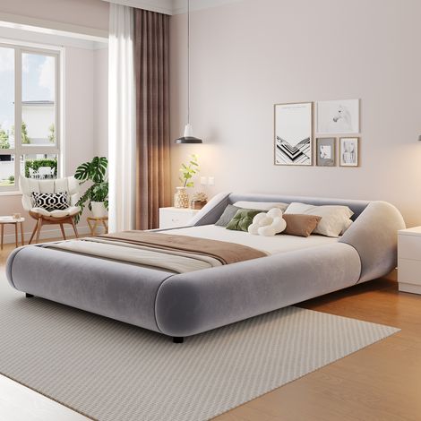 Lit Double Rembourré 140x200 cm avec LED, Effet Flottant, Tête de Lit Enveloppante et Arrondie, Sommier à Lattes, sans Matelas, Velours - Gris (1/5)