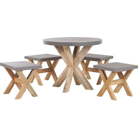 Set da Giardino con Tavolo Rotondo e 4 Sgabelli in Cemento Grigio e Base in Legno di Acacia Olbia