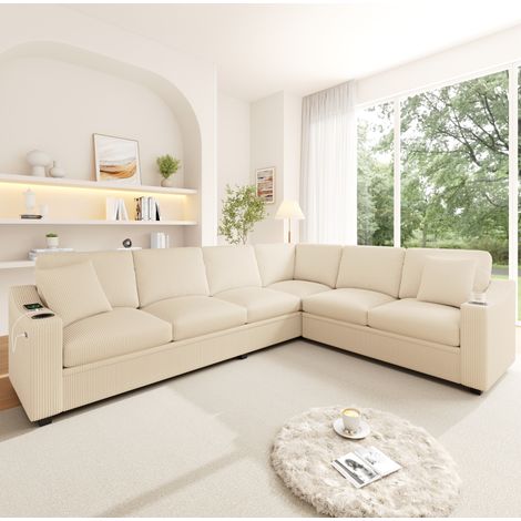 Sofá esquinero modular en L 6 plazas con USB-C, 2 portavasos y 2 cojines beige OKWISH (1/5)