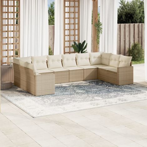 Ensemble Salon Jardin Résine Tressée Beige 10 Places avec Coussins Lavables - Canapé d'Angle, Central et Accoudoirs - Mobilier Extérieur Modulaire (1/4)