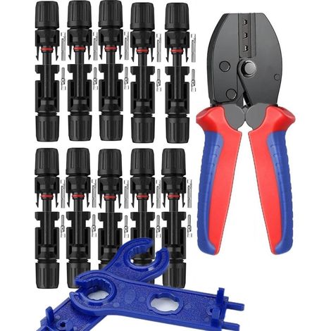 Lot de pinces à sertir solaires pour câble PV de 2,5/4/6 mm², 1 pince à sertir PV, 10 paires de câbles solaires + 10 paires de connecteurs solaires mâle/femelle + 2 clés de connecteur solaire (1/5)