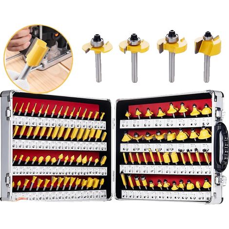 Juego de fresas para router con punta de carburo de tungsteno, vástago de 1/4 de pulgada, 100 piezas, compatible con varios tipos de madera, mecanizado de precisión para cortes limpios. (1/5)