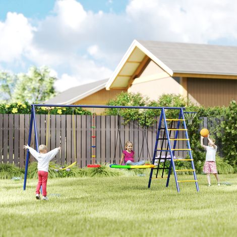Balançoire enfant 6 en 1 avec nid, échelle, filet d'escalade et panier, 350 x 183 x 200 cm, multicolore
