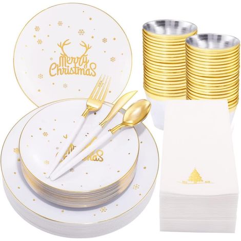 175 Pièces Réutilisable Vaisselle de Noël en Plastique Blanc Bordée D'or - 25 Assiettes Plates, 25 Assiettes Salade, 25 Couteaux, 25 Fourchettes, 25 Cuillères, 25 Serviettes pour 25 Invités (1/5)