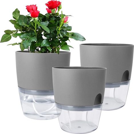 Ensemble de 3 pots de fleurs à réserve d'eau, pots transparents avec trous de drainage et cordelette absorbante, en plastique gris (1/5)
