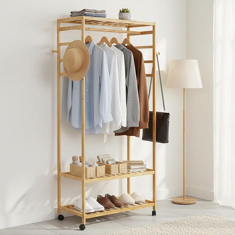 Rolling Clothes Rack: Bamboo Open Wardrobe Coat and Shoe Rack with 1 Bar and 4 Hooks Ideal for Home, Living Room, Bedroom, Entrance – 78 x 41 x 169 cm (1/5)