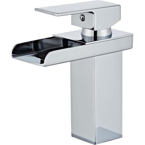 Robinet de lavabo de salle de bain chromé avec tuyau d'alimentation, robinet mitigeur de lavabo monotrou au design unique (1/5)