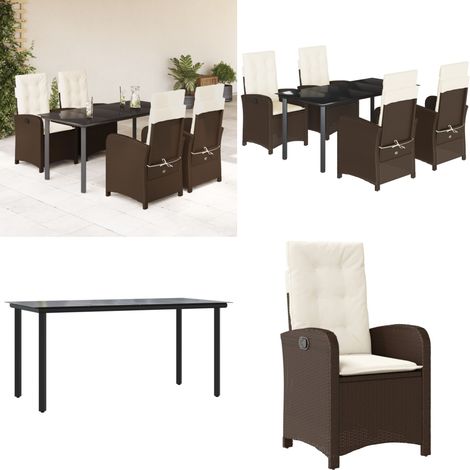 Ensemble à manger de jardin 5 pcs et coussins marron poly rotin - Chaise de jardin - Table de jardin (1/5)
