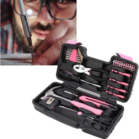 Dieses 39-teilige, pinkfarbene Universal-Werkzeugset für den Heimgebrauch ist für Mädchen konzipiert und enthält alle wichtigen Werkzeuge für Zuhause, Garage, Büro und Schülerzimmer. (1/5)