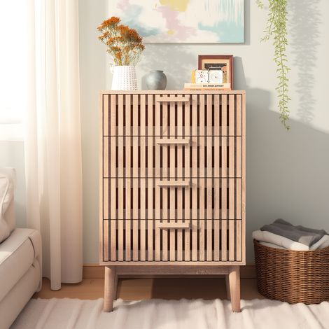 Naturholzoptik Sideboard, Küchenschrank mit 4 Schubladens, Aufbewahrungsschrank mit Holzgriffen, Moderner Schubladenschrank, für Wohnzimmer, Küche und Büro, 60 x 34 x 91 cm (1/5)