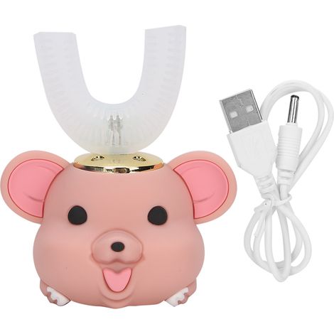 Brosse à dents électrique enfant en forme de U, tête en silicone à motif cartoon, rose pour 6-14 ans (1/5)