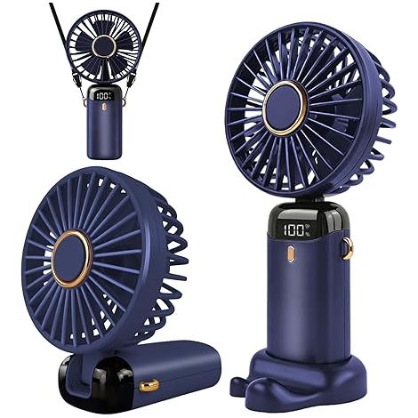 Ventilateur portable 1pcs - Mini pliable USB rechargeable, 5 vitesses, écran LED, batterie longue durée, bleu foncé pour bureau et voyage (1/5)