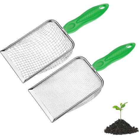 Tamis à terre de jardin METERXITY lot de 2, maille 5/28 mm acier inoxydable, poignée antidérapante, pour sable, terre, cailloux, compost, blanc/vert (1/5)