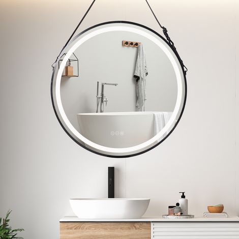 600mm Round LED Illuminated Bathroom Mirror with Demister and Touch Control Sensor Makeup Mirror With Hanging Belt, Black (1/5)