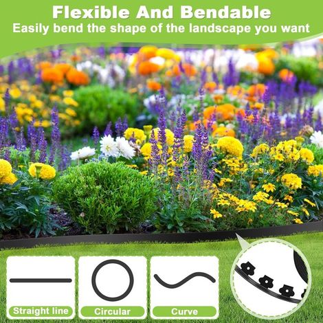 5 cm hohe x 10 m lange Garteneinfassung mit 30 Verankerungspfählen, Rasenpalisaden aus Kunststoff, flexible Rasenkante für den Außenbereich, Blumenbeeteinfassung mit Nägeln zum Mähen, Pflastersteine ( (1/4)