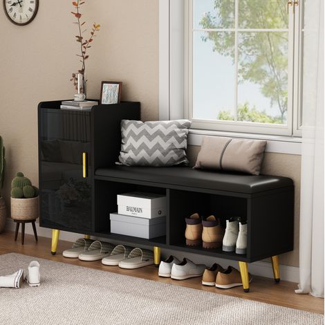 Schuhschrank mit Sitzbank, 120 x 35 x 71,5 cm, Schwarz Hochglanz, PU-Kissen, OKMYHOME (1/5)