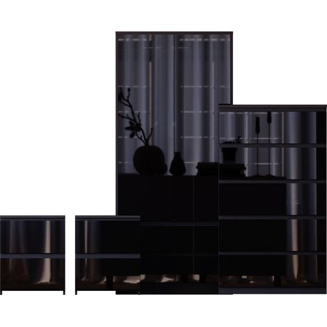 Glinton 4 Piece Bedroom Set (2 Drw Bedside x2, 5 Drw Chest, 2 Dr 2 Drw Wardrobe), Black (100% FSC) (1/4)