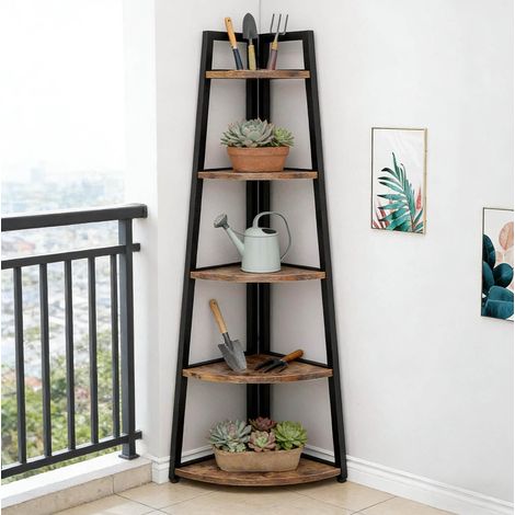 Scaffale angolare a 5 ripiani, salvaspazio multifunzione, struttura in metallo e legno, nero e marrone rustico (1/5)