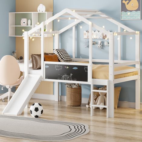 MEUBLIV Lit mezzanine 90x200 cm blanc – avec toboggan et ardoise, sans matelas (1/5)