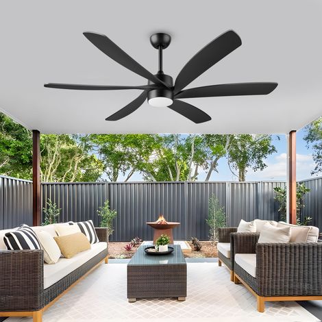Ventilateur Plafond avec Lumiere Silencieux Extérieur 162cm, 6 Pales ABS Noires, Moteur DC Réversible Dimmable, Porche Chambre