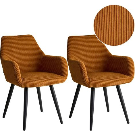 Set di 2 sedie da pranzo imbottite in velluto a coste con braccioli,design moderno base in metallo arancione Mori