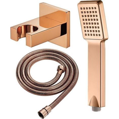 Douchette de douche avec pommeau carré économique et flexible, support en laiton doré rose – Ensemble complet (1/4)